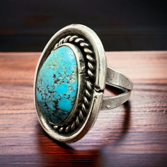 Shadowbox Turquoise Ring - Size 8 - Cowhide and Conchos