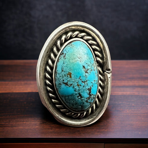 Shadowbox Turquoise Ring - Size 8 - Cowhide and Conchos