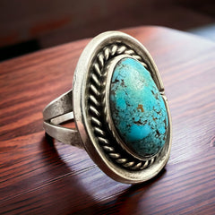 Shadowbox Turquoise Ring - Size 8 - Cowhide and Conchos