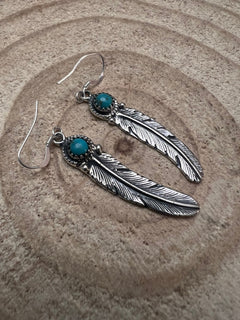 Sharon McCarthy Navajo Handmade Turquoise & Feather Earrings - Cowhide and Conchos