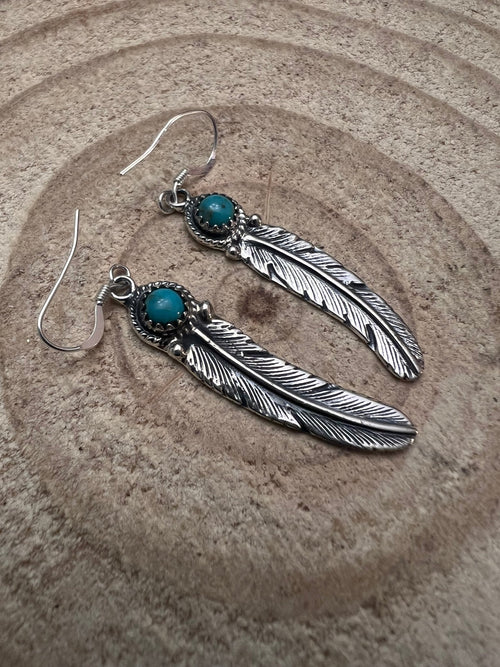 Sharon McCarthy Navajo Handmade Turquoise & Feather Earrings - Cowhide and Conchos