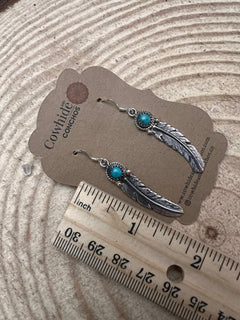 Sharon McCarthy Navajo Handmade Turquoise & Feather Earrings - Cowhide and Conchos