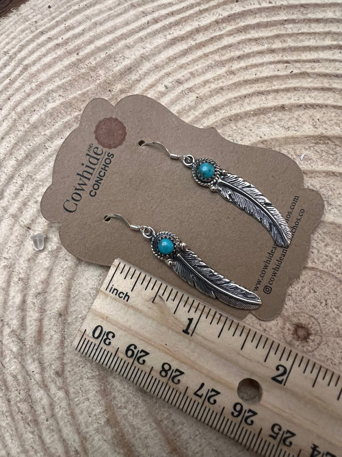 Sharon McCarthy Navajo Handmade Turquoise & Feather Earrings - Cowhide and Conchos
