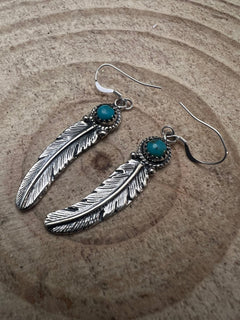 Sharon McCarthy Navajo Handmade Turquoise & Feather Earrings - Cowhide and Conchos