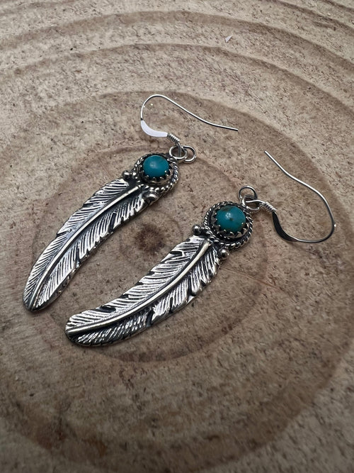 Sharon McCarthy Navajo Handmade Turquoise & Feather Earrings - Cowhide and Conchos