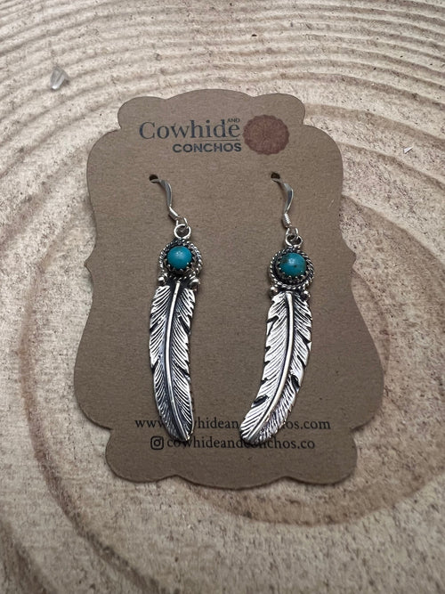 Sharon McCarthy Navajo Handmade Turquoise & Feather Earrings - Cowhide and Conchos