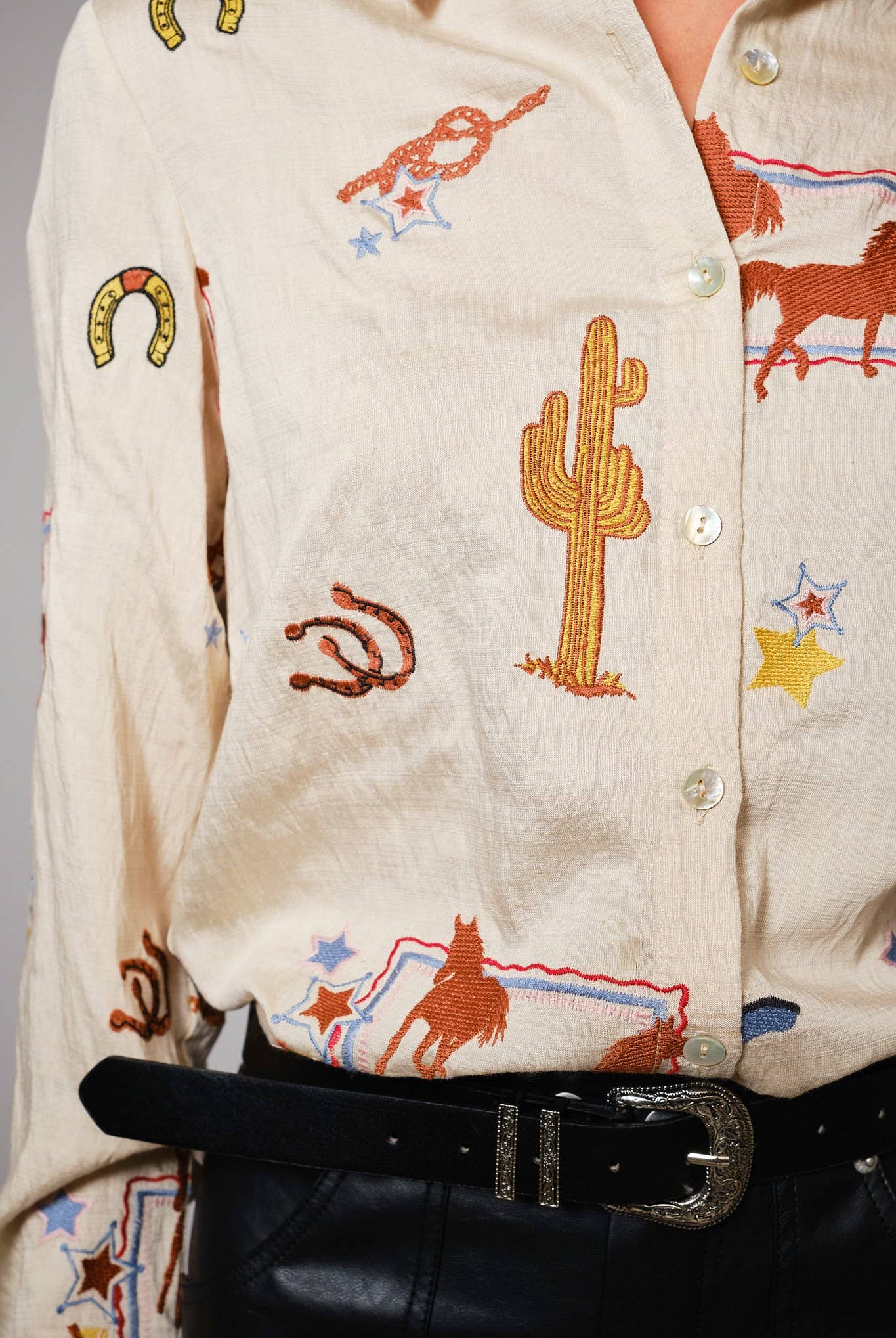 She's Western Embroidered Shirt - Cowhide and Conchos