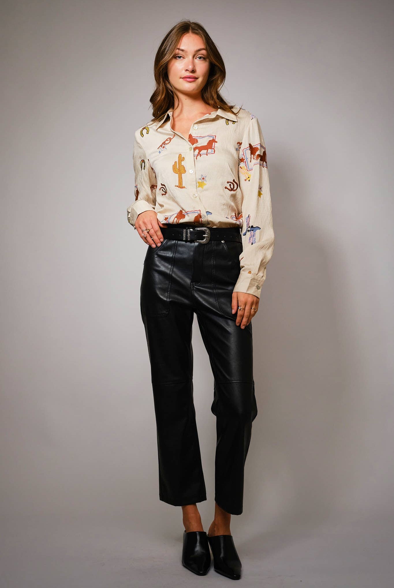 She's Western Embroidered Shirt - Cowhide and Conchos
