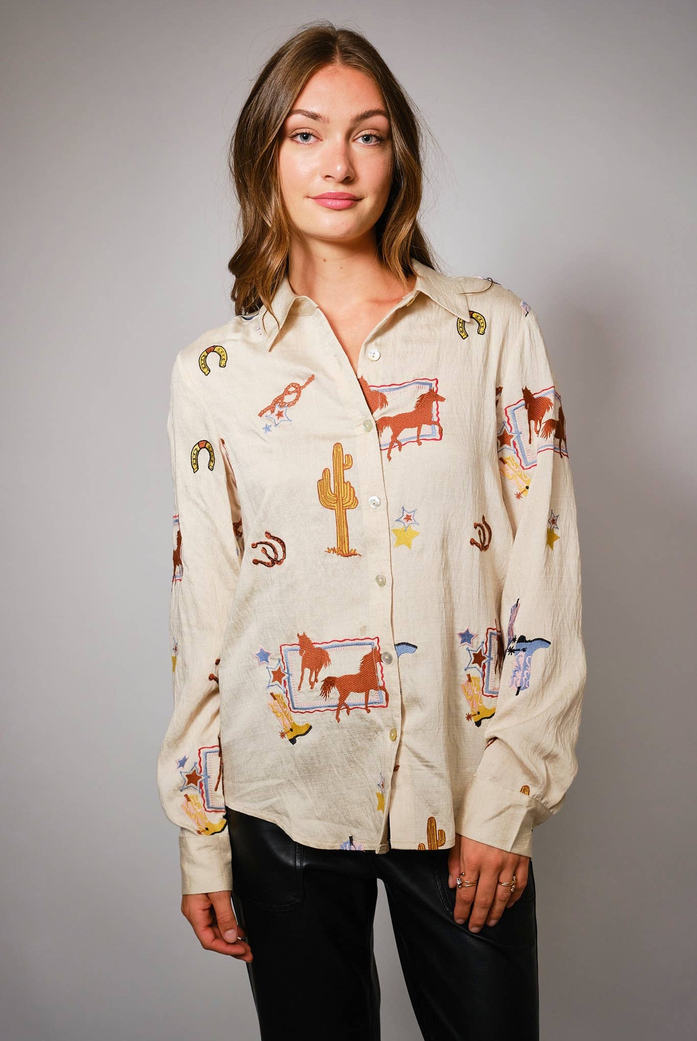 She's Western Embroidered Shirt - Cowhide and Conchos