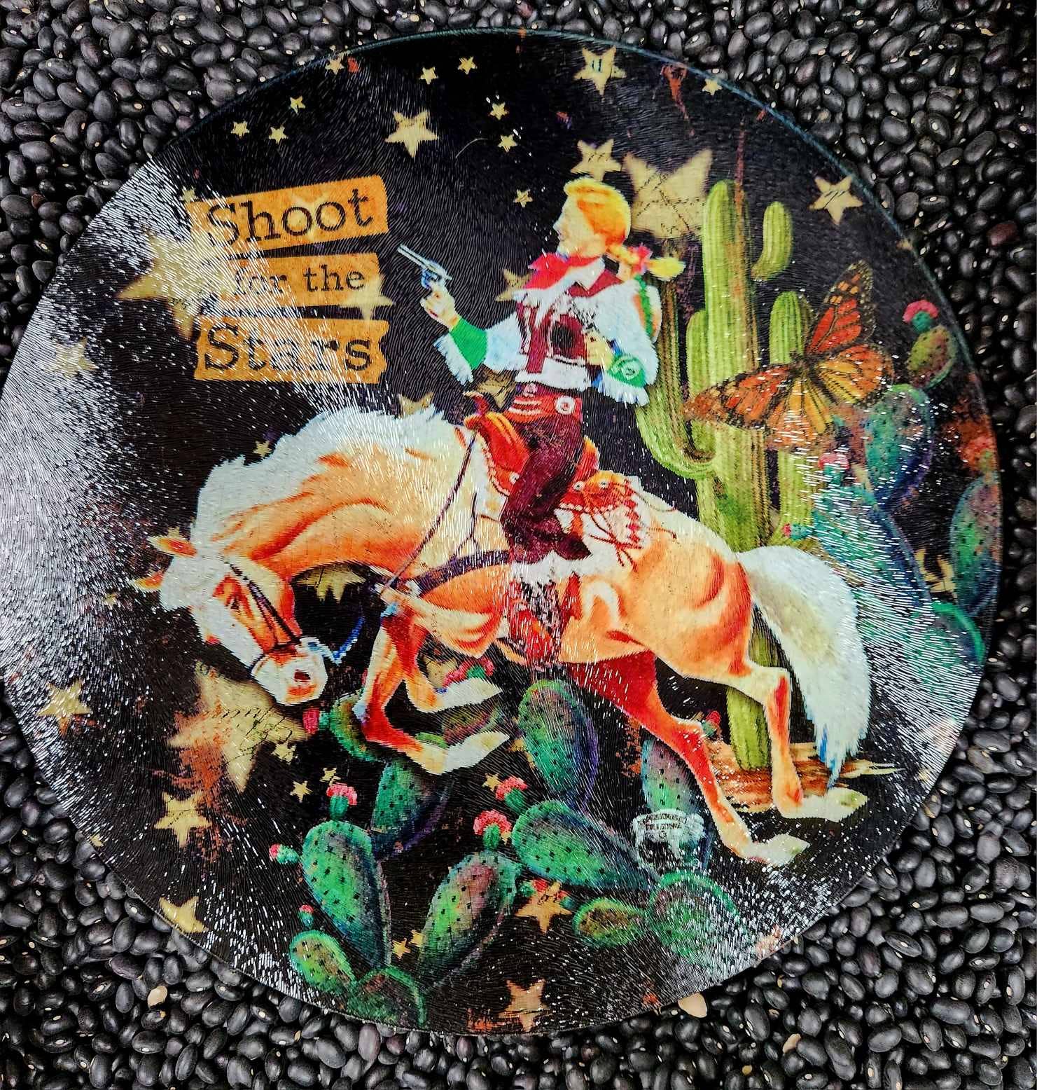 Shoot for the Stars Glass Cutting Board/Charcuterie/Trivet - Cowhide and Conchos