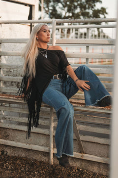 Showstopper Fringe Top - Black - Cowhide and Conchos