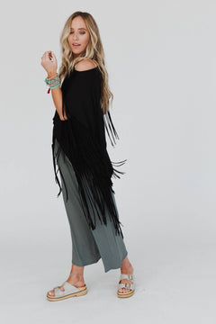 Showstopper Fringe Top - Black - Cowhide and Conchos