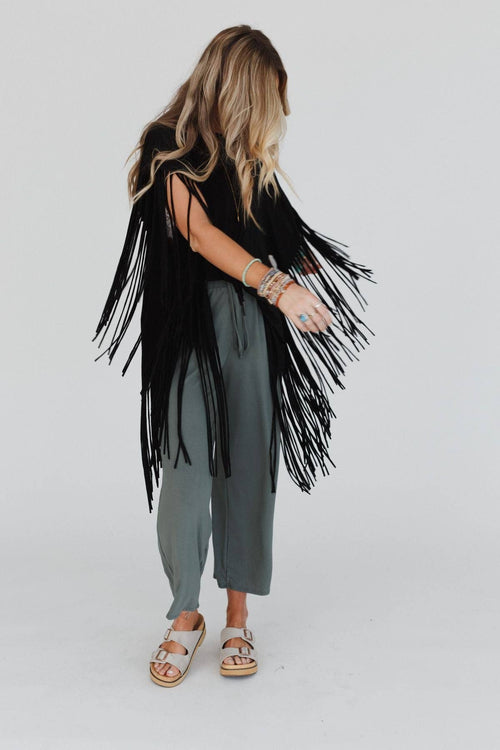 Showstopper Fringe Top - Black - Cowhide and Conchos