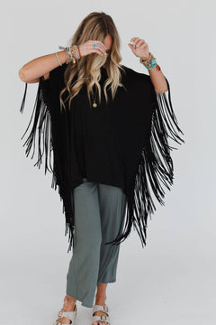 Showstopper Fringe Top - Black - Cowhide and Conchos