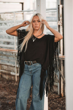 Showstopper Fringe Top - Black - Cowhide and Conchos