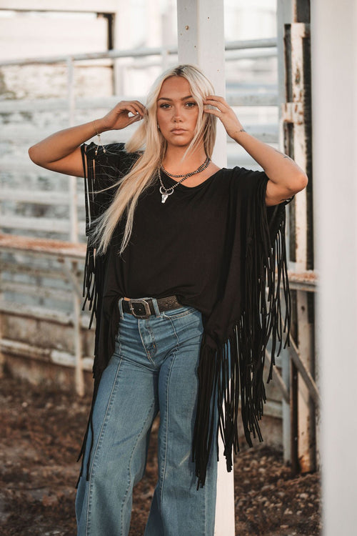 Showstopper Fringe Top - Black - Cowhide and Conchos