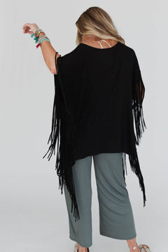 Showstopper Fringe Top - Black - Cowhide and Conchos
