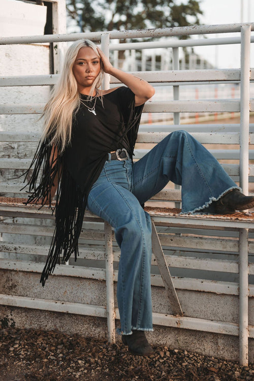 Showstopper Fringe Top - Black - Cowhide and Conchos