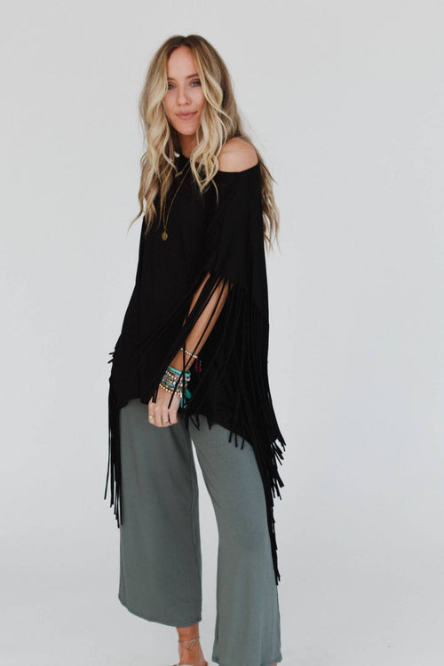 Showstopper Fringe Top - Black - Cowhide and Conchos