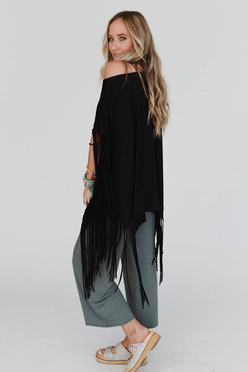 Showstopper Fringe Top - Black - Cowhide and Conchos