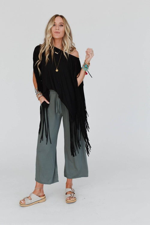 Showstopper Fringe Top - Black - Cowhide and Conchos