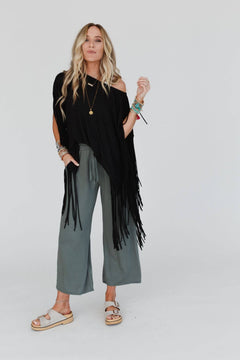Showstopper Fringe Top - Black - Cowhide and Conchos