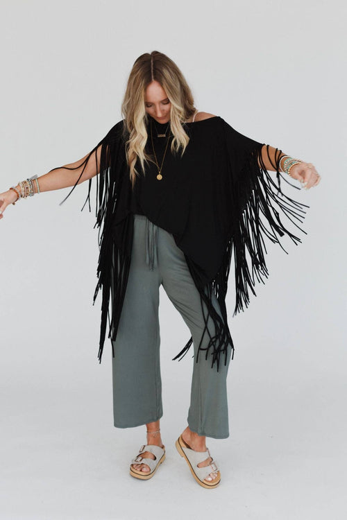 Showstopper Fringe Top - Black - Cowhide and Conchos