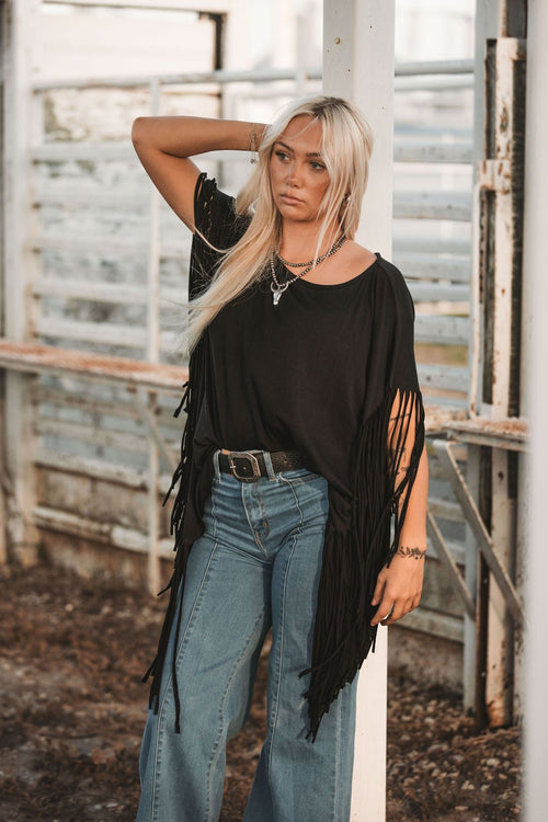 Showstopper Fringe Top - Black - Cowhide and Conchos