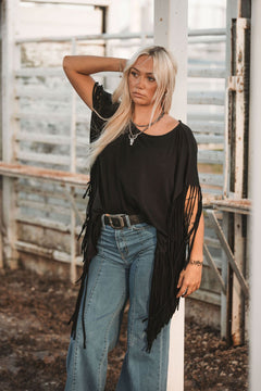 Showstopper Fringe Top - Black - Cowhide and Conchos