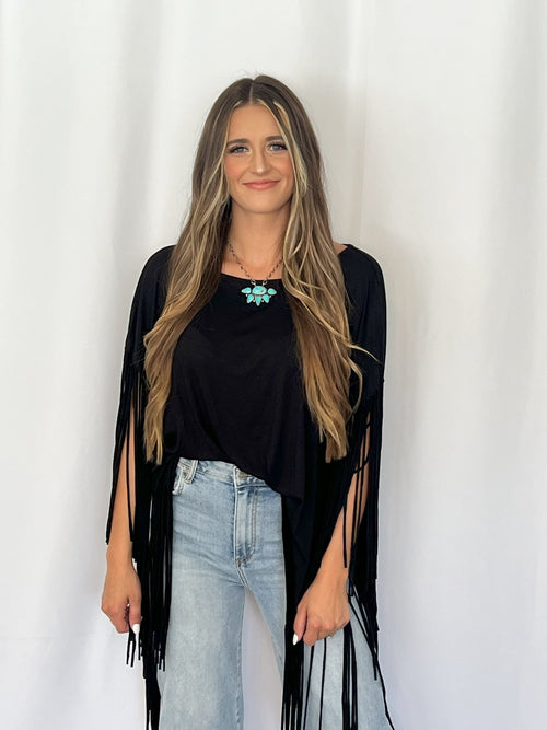 Showstopper Fringe Top - Black - Cowhide and Conchos