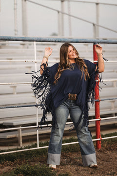 Showstopper Fringe Top - Denim - Cowhide and Conchos