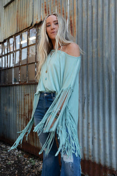 Showstopper Fringe Top - Washed Seafoam - Cowhide and Conchos