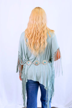 Showstopper Fringe Top - Washed Seafoam - Cowhide and Conchos