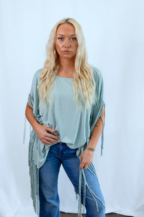 Showstopper Fringe Top - Washed Seafoam - Cowhide and Conchos