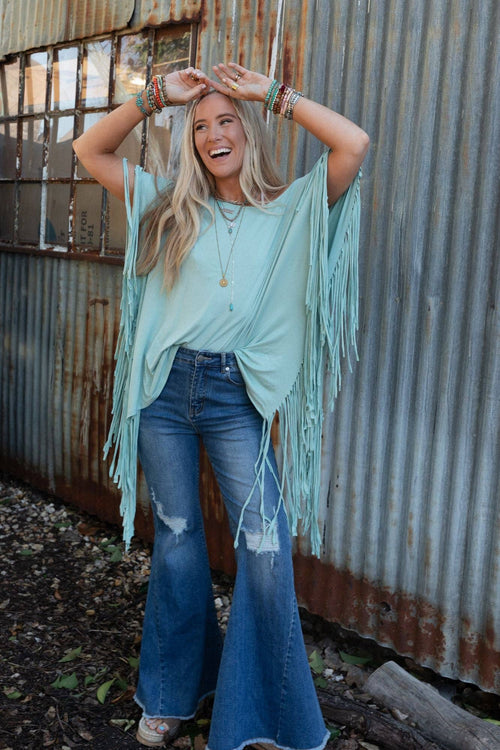 Showstopper Fringe Top - Washed Seafoam - Cowhide and Conchos