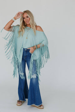Showstopper Fringe Top - Washed Seafoam - Cowhide and Conchos