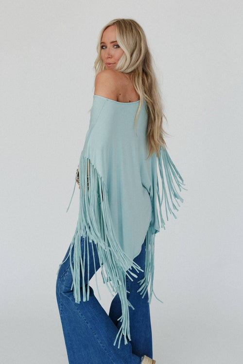Showstopper Fringe Top - Washed Seafoam - Cowhide and Conchos