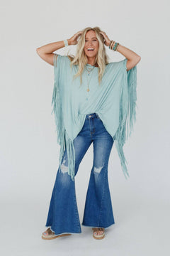 Showstopper Fringe Top - Washed Seafoam - Cowhide and Conchos