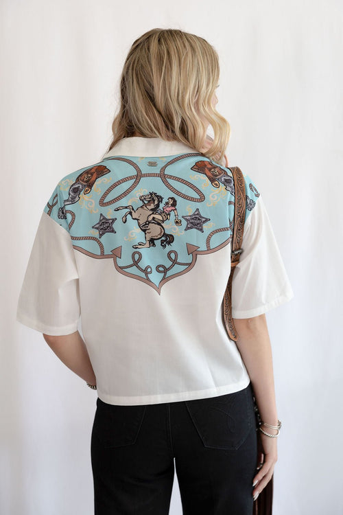 Silver Screen Button Down Short Sleeve Top - Cowhide and Conchos