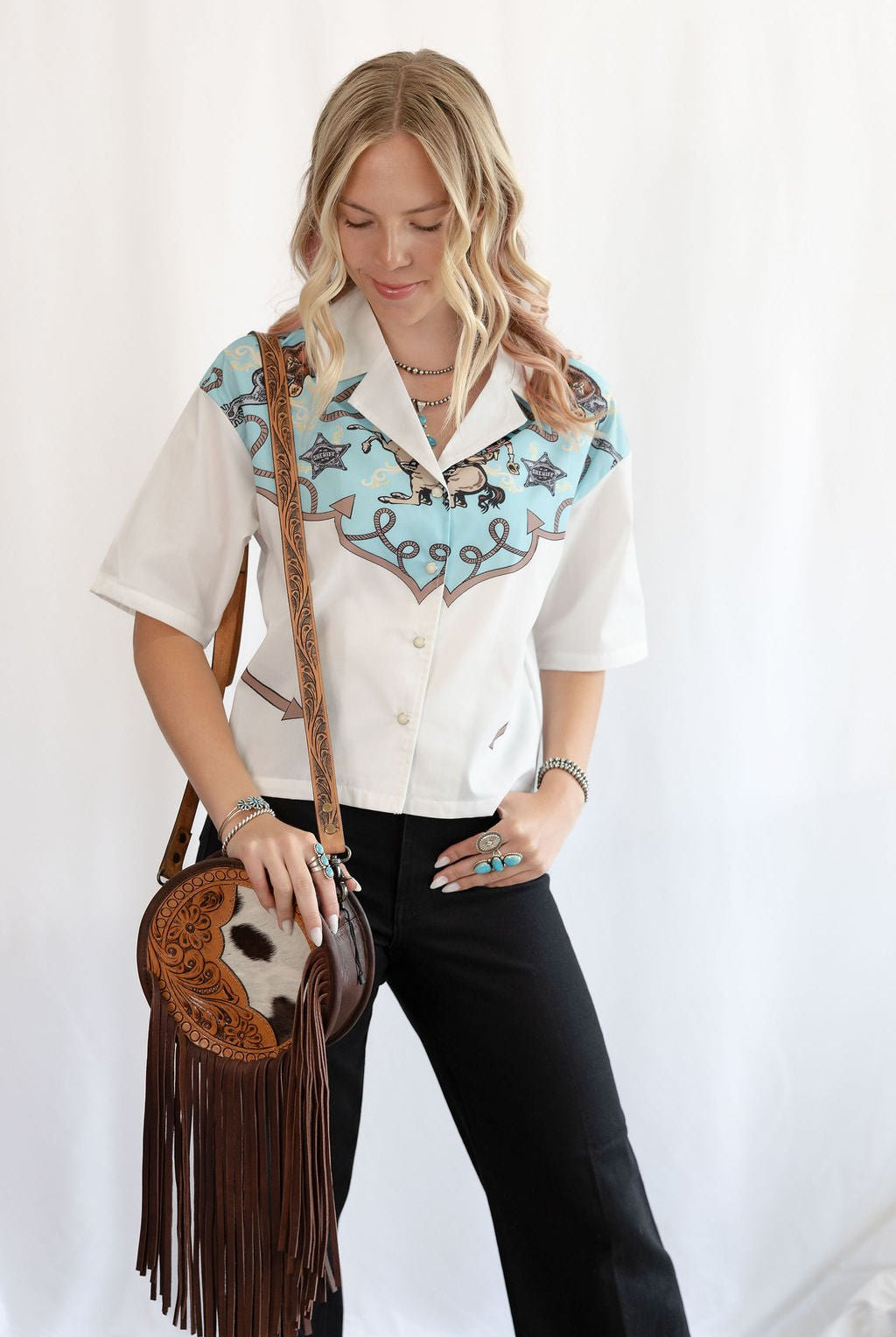Silver Screen Button Down Short Sleeve Top - Cowhide and Conchos