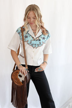Silver Screen Button Down Short Sleeve Top - Cowhide and Conchos