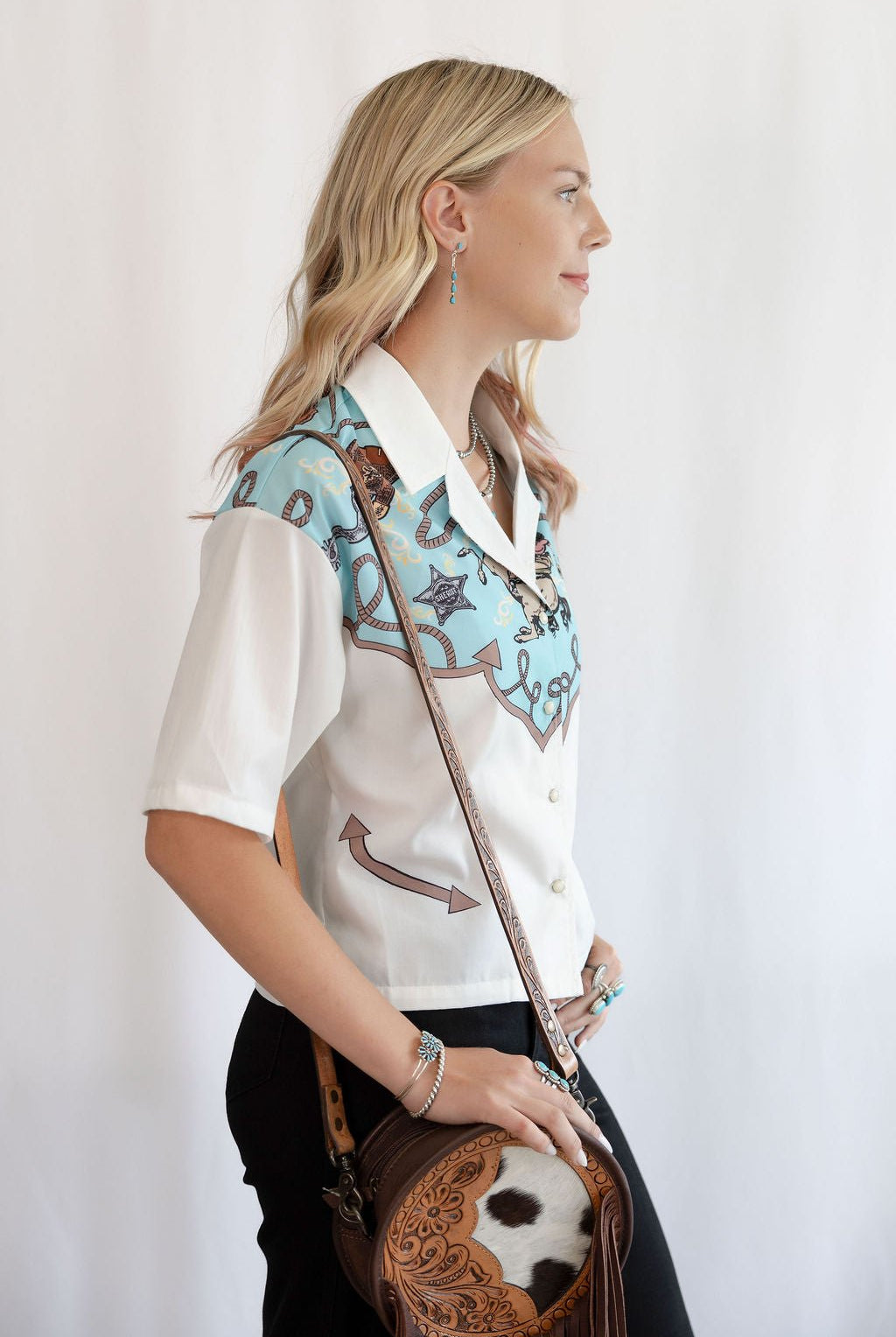 Silver Screen Button Down Short Sleeve Top - Cowhide and Conchos