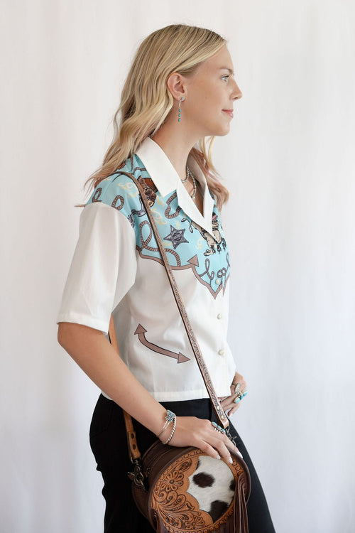 Silver Screen Button Down Short Sleeve Top - Cowhide and Conchos