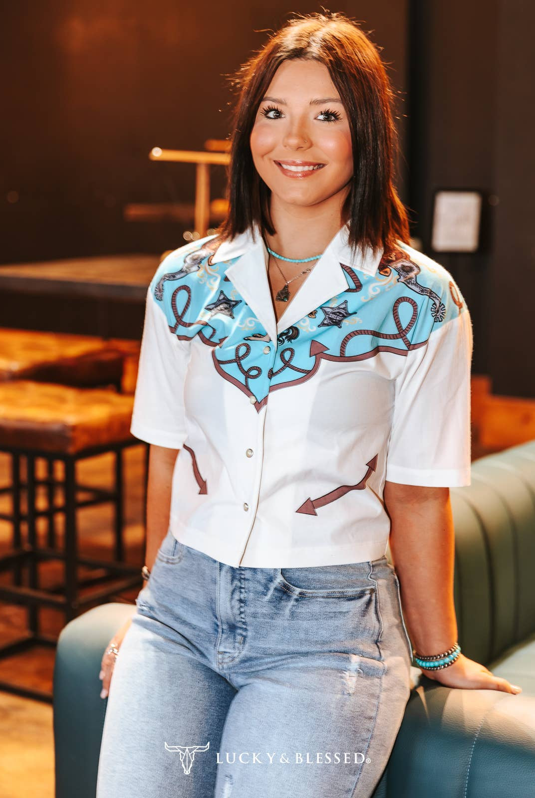 Silver Screen Button Down Short Sleeve Top - Cowhide and Conchos