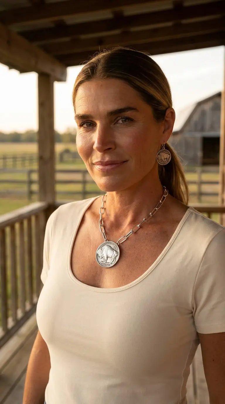Silver Western Buffalo Coin Statement Choker & Earring Set — Oversized Coin Pendant - Cowhide and Conchos