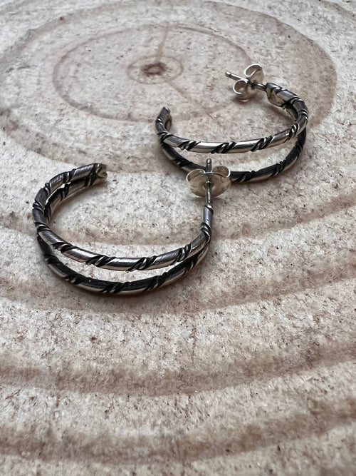Simple Sterling Silver Hoop Earrings - Cowhide and Conchos