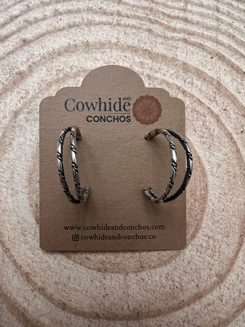 Simple Sterling Silver Hoop Earrings - Cowhide and Conchos