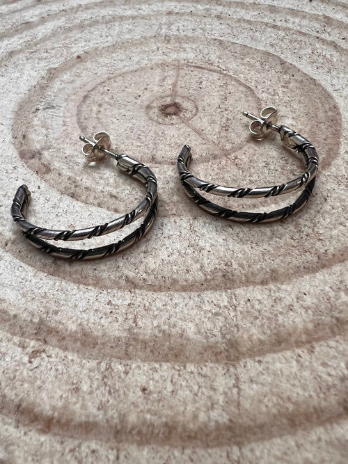 Simple Sterling Silver Hoop Earrings - Cowhide and Conchos