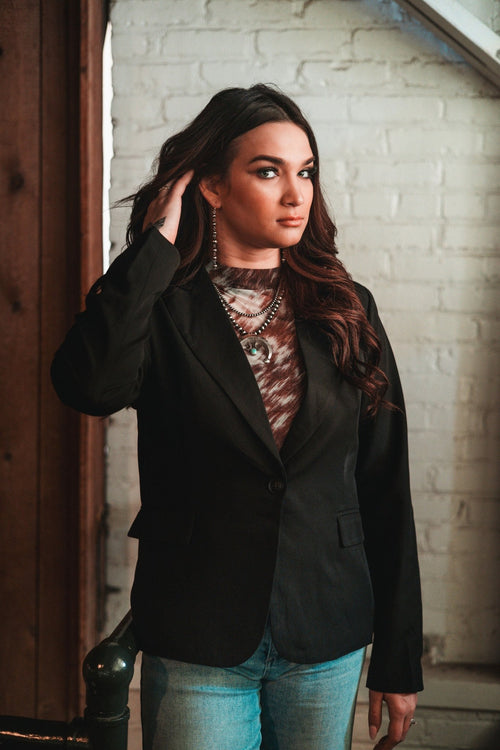 Single Button Blazer - Dusty Blue or Black - Cowhide and Conchos