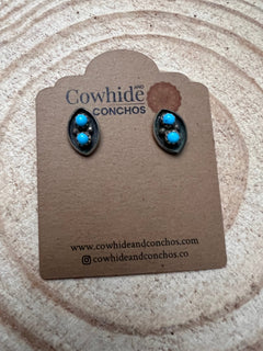 Small Turquoise Post Earrings with Turquoise - Cowhide and Conchos